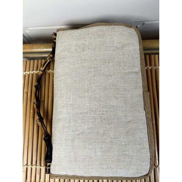 Clutch/Summer Handbag-Bamboo Handle Lgt.Tan/Navy B. - Picture 2 of 10